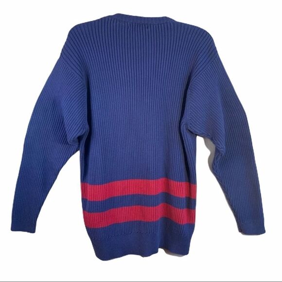 VINTAGE East Island Solid Navy Blue Red Stripes V Neck Sweater 100% Cotton XL - Picture 3 of 6